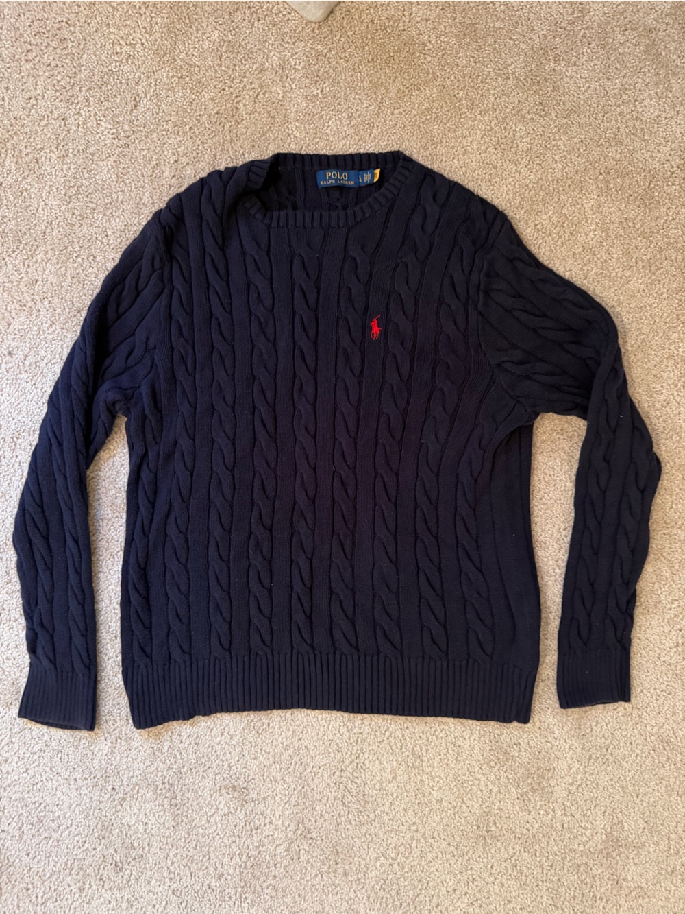Ralph Lauren Navy Cable-Knit Crewneck Sweater with Red Pony